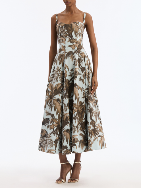 *VIRTUAL TRUNK SHOW* Oscar de la Renta Sleeveless Large Chine Palm Leaves Poplin Day Dress