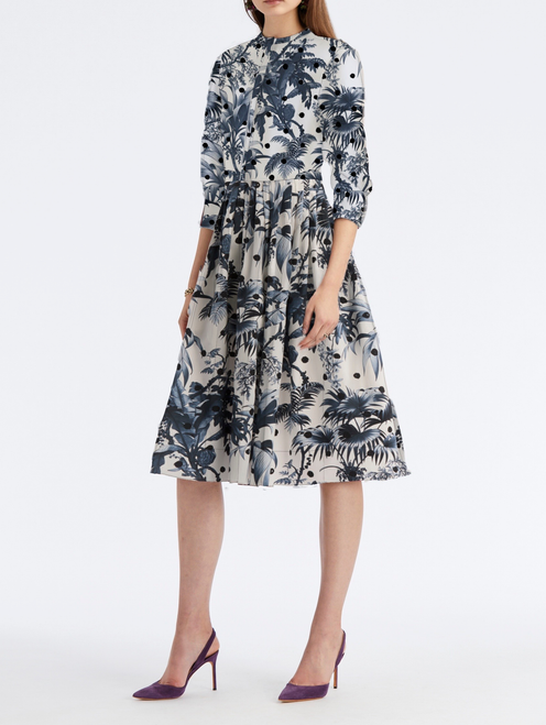 *VIRTUAL TRUNK SHOW* Oscar de la Renta 3/4 Sleeve Button Front All Over Palms Dot Poplin Dress