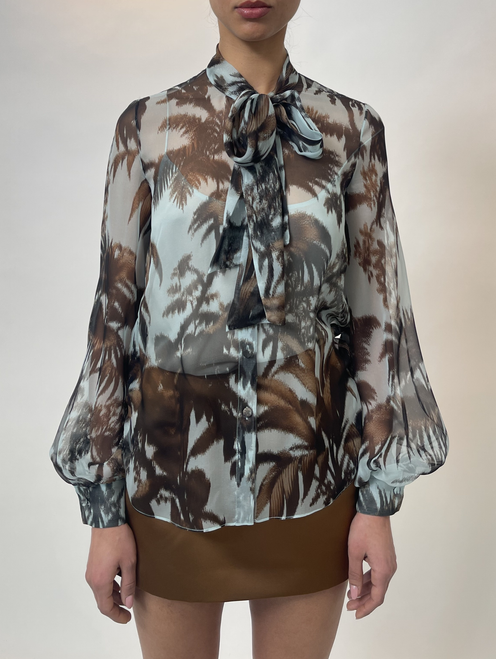 *VIRTUAL TRUNK SHOW* Oscar de la Renta Long Sleeve Chine Palm Leaves Silk Chiffon Blouse