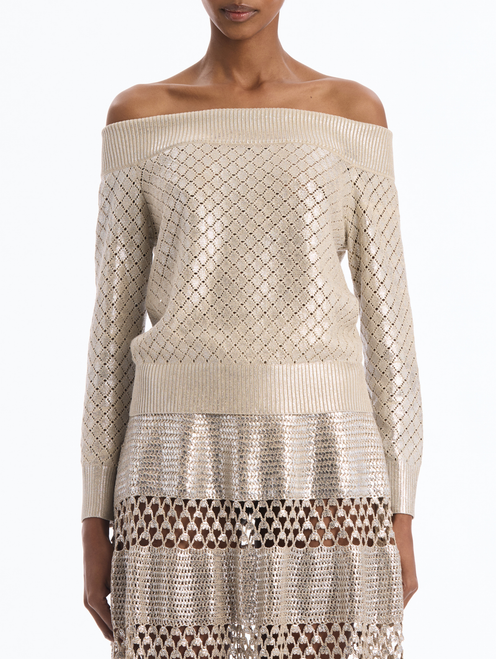 *VIRTUAL TRUNK SHOW* Oscar de la Renta Silver Foil Off Shoulder Pullover