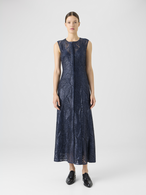 Akris Lacquered Sea Fan Lace Midi Dress in Navy