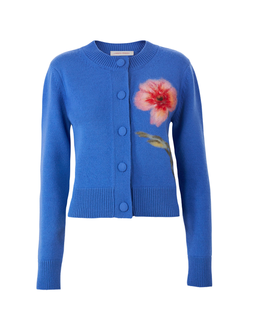 Carolina Herrera Floral-Embroidered Cardigan in Bluebell Multi, Size X-Small