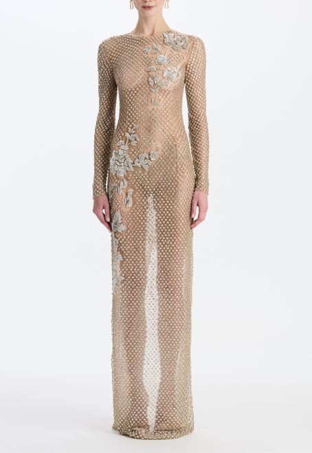 *VIRTUAL TRUNK SHOW* Oscar de la Renta Long Sleeve Crystal Grid Florals Embroidered Gown