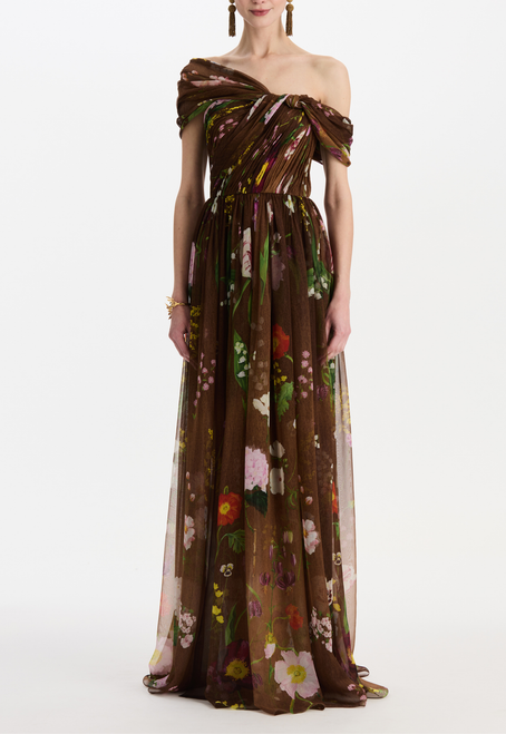 *VIRTUAL TRUNK SHOW* Oscar de la Renta One Shoulder Mixed Botanical Silk Chiffon Gown