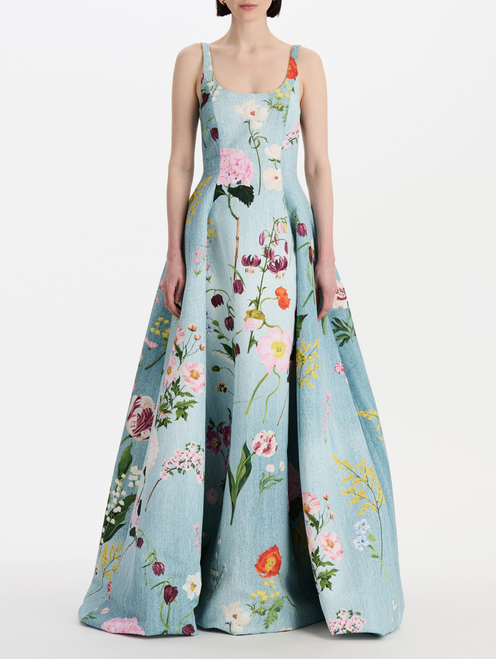 *VIRTUAL TRUNK SHOW* Oscar de la Renta Sleeveless Scoop Neck Mixed Botanical Faille Gown