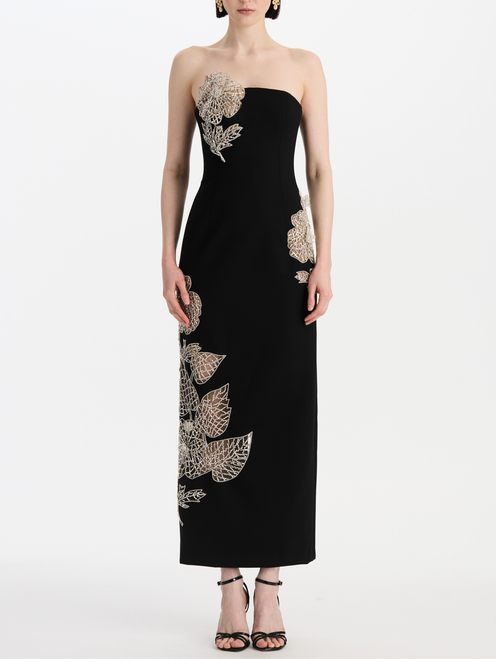 *VIRTUAL TRUNK SHOW* Oscar de la Renta Strapless Crystal Eaten Leaves Wool Cocktail Dress