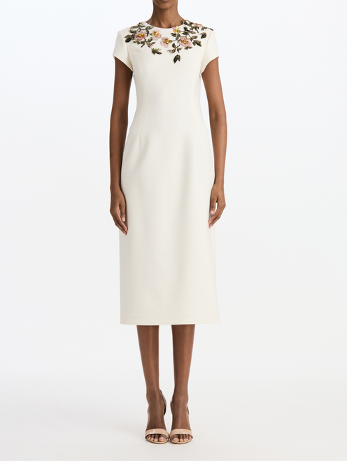 *VIRTUAL TRUNK SHOW* Oscar de la Renta Short Sleeve Beaded Floral Embroidered Wool Cocktail Dress