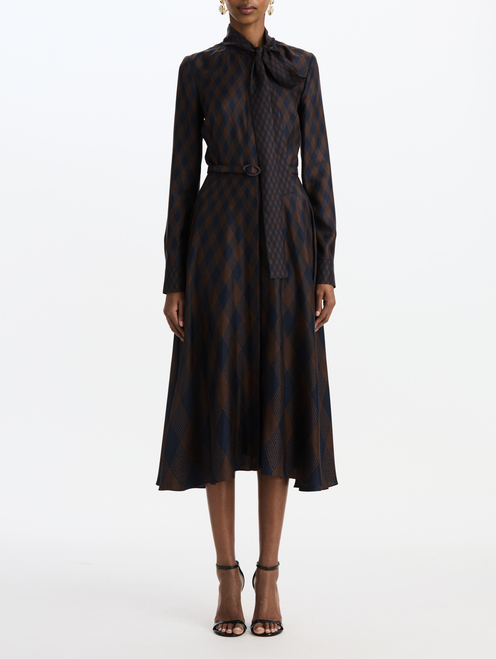 *VIRTUAL TRUNK SHOW* Oscar de la Renta Long Sleeve Tie Neck Argyle Silk Twill Day Dress