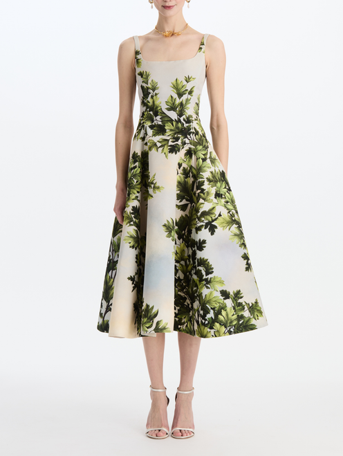*VIRTUAL TRUNK SHOW* Oscar de la Renta Sleeveless Scoop Neck Foliage Faille Dress