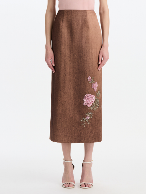 *VIRTUAL TRUNK SHOW* Oscar de la Renta Paint Ground Satin Floral Embroidered Column Skirt