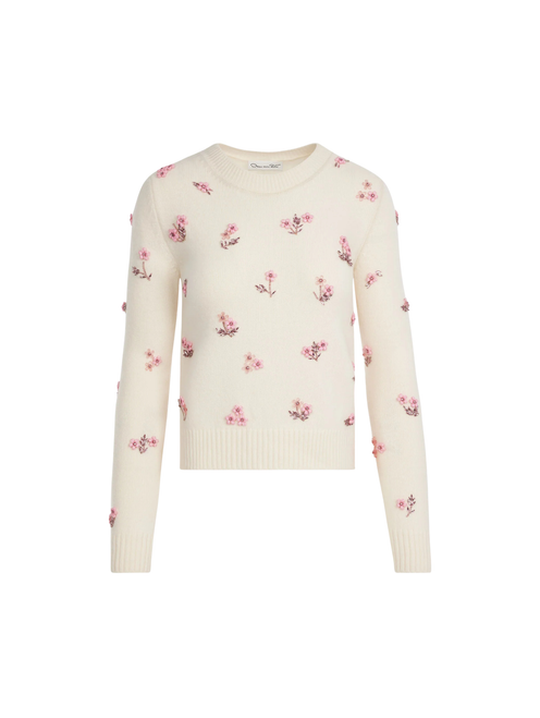 Oscar de la Renta Porcelain Flower Sequin Embroidered Pullover in Ivory, Size X-Small