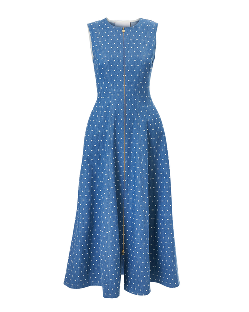 Carolina Herrera Polka Dot Denim A-Line Midi Dress in Light Blue, Size 10