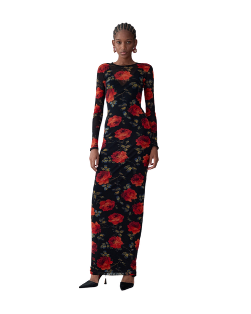 Carolina Herrera Rose-Print Mesh Midi Dress in Black/Multi, Size Small