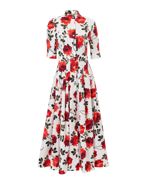 Carolina Herrera Rose-Print Midi Shirt Dress in White/Multi, Size 10
