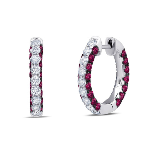 Graziela Gems 18K White Gold Ruby & Diamond 3 Sided Hoop Earrings