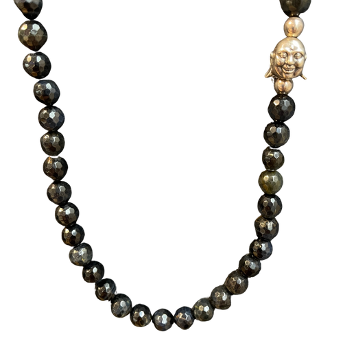 King Baby Studio Smiling Buddha and Faceted Blue Tiger Eye Bead Necklace, 34"