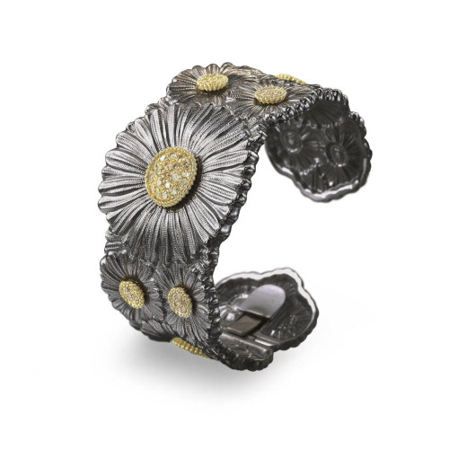 Buccellati Blossoms Diamond Ruthenium-Plated Sterling Silver Daisy Cuff Bracelet, Size 17