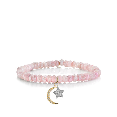 Sydney Evan Two Tone Gold & Diamond Moon & Star Charm Duo on Mystic Pink Grapolite Faceted Rondelle Bead Bracelet, Size Small