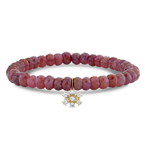 Sydney Evan 14K Yellow Gold & Diamond Marquis Eye Flower Charm on Pink Sapphire Faceted Rondelle Bead Bracelet