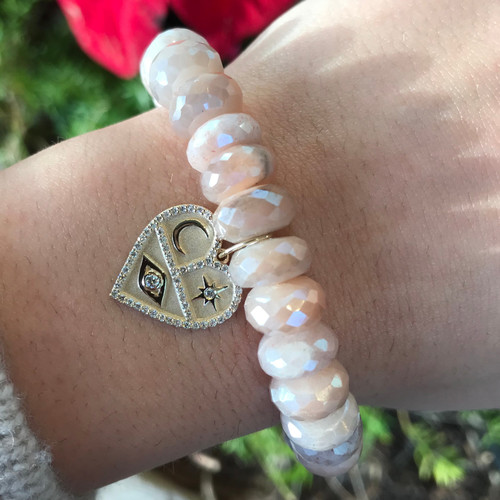 Sydney Evan 14K Yellow Gold & Diamond Heart Icon Charm on Coated Beige Moonstone Bead Bracelet