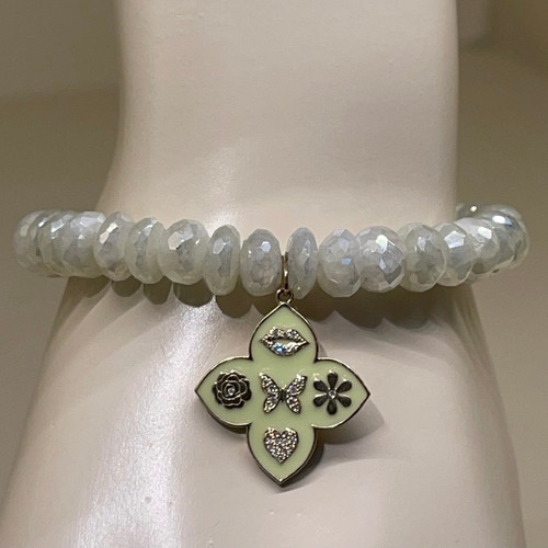 Sydney Evan 14K Yellow Gold Love Tableau Moroccan Enamel Charm on Prehnite Bead Bracelet
