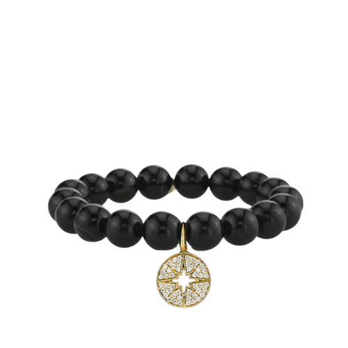 Sydney Evan 14K Yellow Gold Mini Pave Starburst Medallion Charm on Sardonyx Smooth Round Bead Bracelet