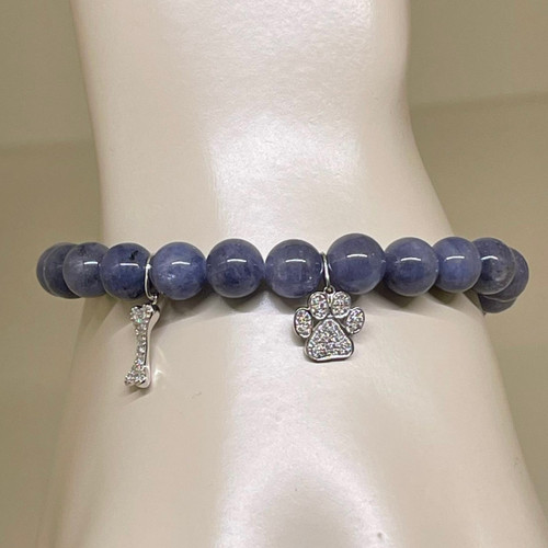 Sydney Evan 14K White Gold Dog Bone and Paw Combo Charm on Tanzanite Bead Bracelet