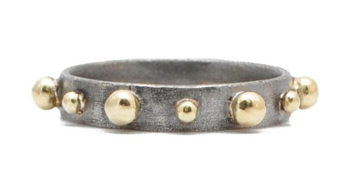 Armenta 18K Yellow Gold and Grey Sterling Silver Alternating Sized Granulation Stack Band Ring, Size 7