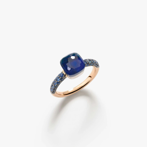 Pomellato Nudo 18K Rose and White Gold London Blue Topaz with Lapis Lazuli Petit Ring, Size 55