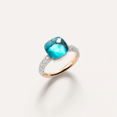 Pomellato Nudo 18K Rose and White Gold Sky Blue Topaz/Agate Diamond Classic Ring, Size 56