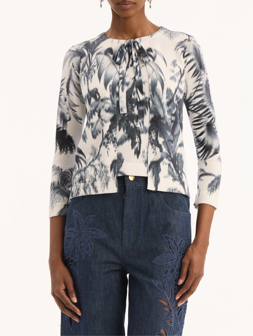 Oscar de la Renta Printed Dotted Palm Cardigan Twinset With Ties in Navy/White, Size X-Large
