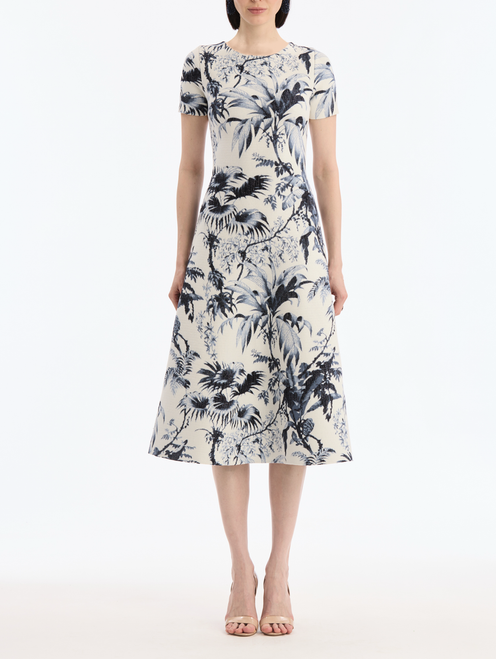 Oscar de la Renta Tonal Tropical Print Long Fit & Flare Knit Dress in Navy/Ivory