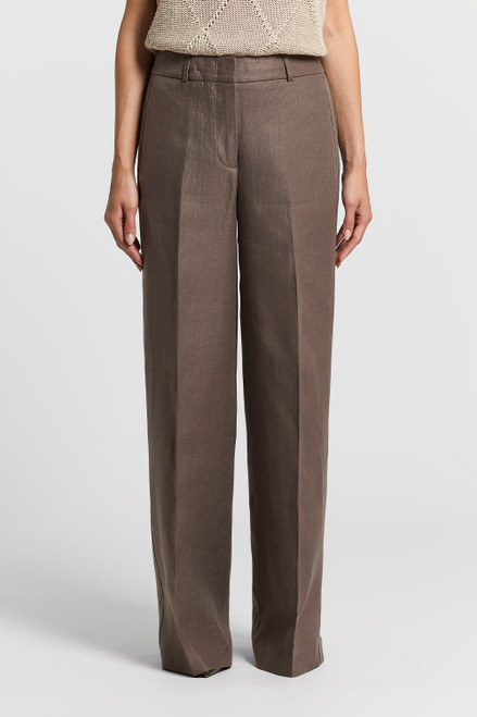 Peserico Pure Linen Gabardine Trousers in Bark Brown, Size 44