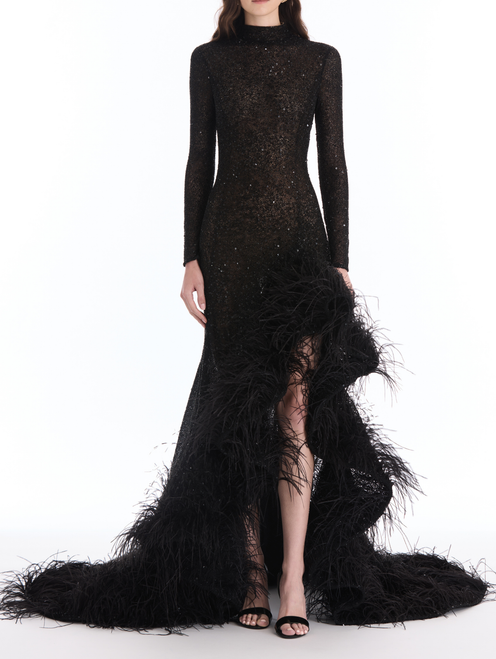 *VIRTUAL TRUNK SHOW* Oscar de la Renta Long Sleeve Mixed All Over Beaded High Low Gown