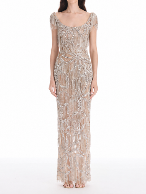 *VIRTUAL TRUNK SHOW* Oscar de la Renta Cap Sleeve All Over Bow Fringe Embroidered Gown