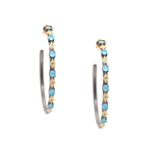 Armenta Blackened Sterling Silver Turquoise Crivelli Diamond Hoop Earrings, 35mm
