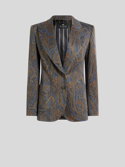 Etro Single-Breasted Cotton-Blend Jacquard Jacket with Paisley Motif in Light Blue