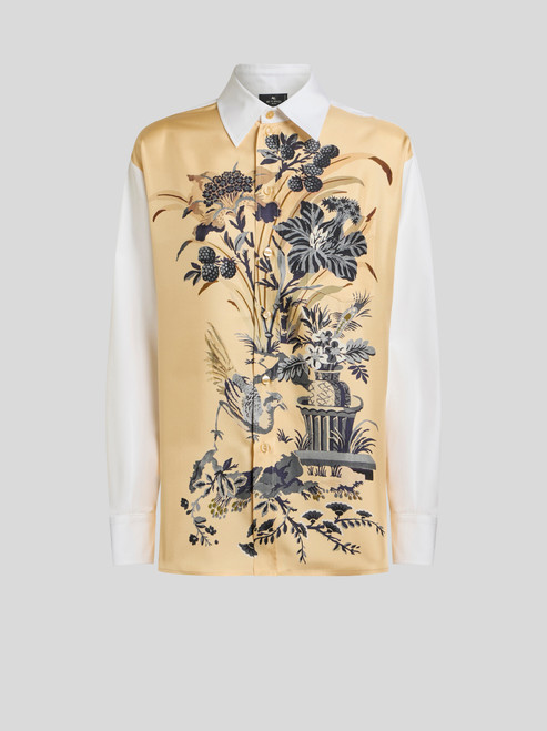 Etro Cotton and Silk Shirt with Placed Floral Print on the Front in Beige, Size 48