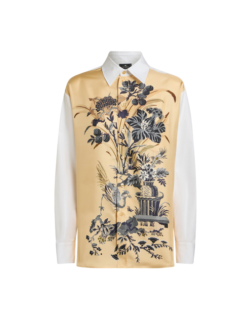 Etro Cotton and Silk Shirt with Placed Floral Print on the Front in Beige, Size 48