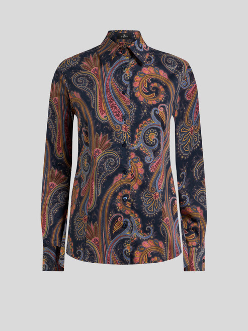 Etro Stretch Cotton Poplin Shirt with Paisley Motif in Blue