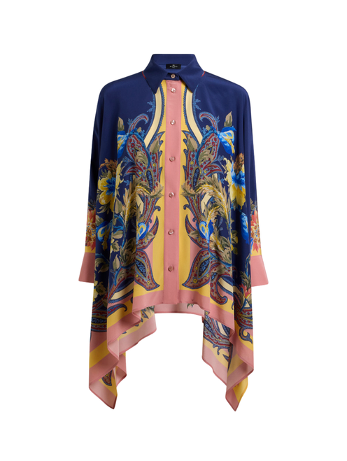 Etro Paisley Print Asymmetric Shirt in Blue, Size 42