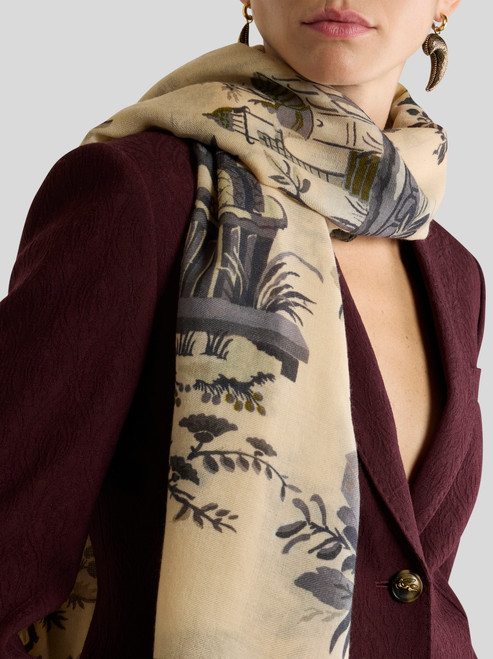 Etro Wool and Cashmere Scarf with Floral Motif in Cream