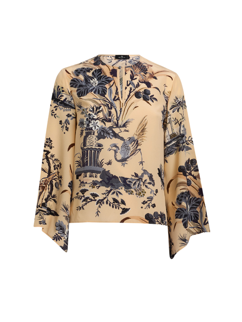 Etro Floral Printed Silk Top in Beige, Size 48