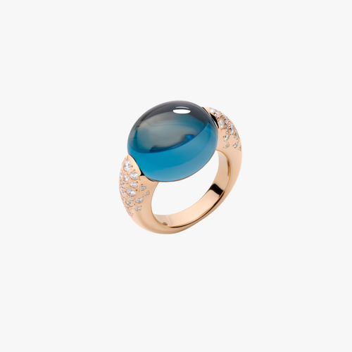 Pomellato Iconica 18K Rose Gold London Blue Topaz and Diamond Ring, Size 55