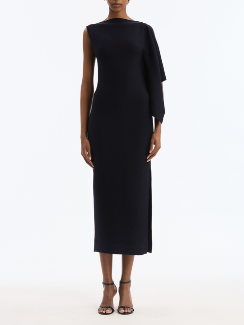 Oscar de la Renta Hibiscus Brooch Knit Dress in Navy, Size Medium