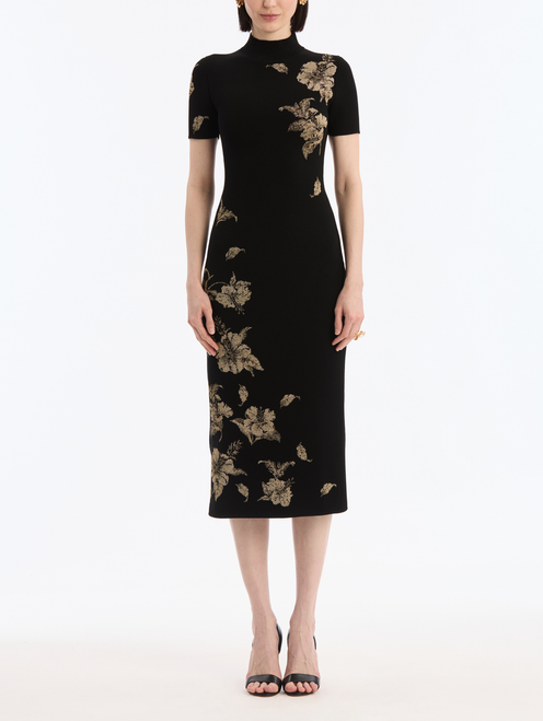 Oscar de la Renta Hibiscus Metallic Jacquard Knit Dress in Black