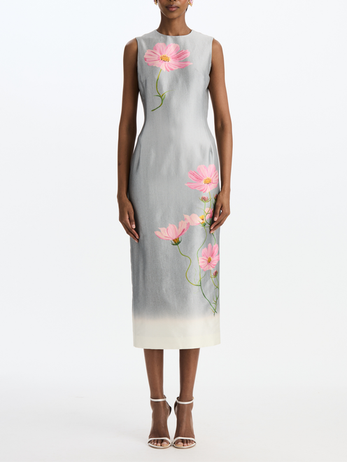 Oscar de la Renta Sleeveless Cosmos Mikado Day Dress in Pink/Grey