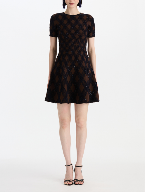 Oscar de la Renta Argyle Knit Dress in Navy/Brown, Size Small