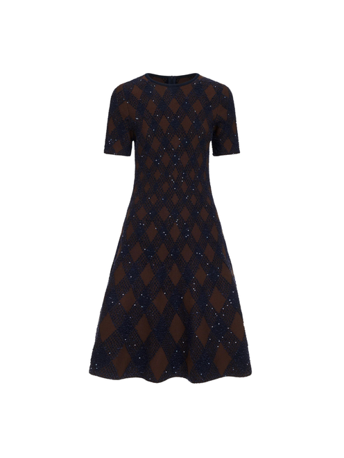 Oscar de la Renta Argyle Knit Dress in Navy/Brown, Size Small