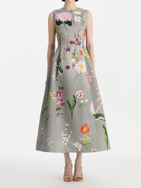 Oscar de la Renta Mixed Botanical Faille Cocktail Dress in Grey Multi, Size 10